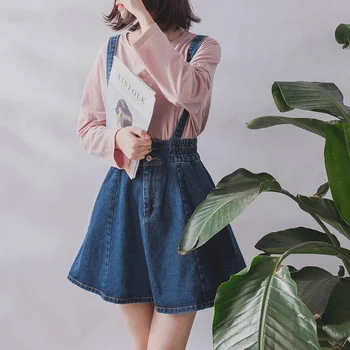2019 Korean Summer Vintage Sweet Preppy Style Skirt Women Jeans Blue Suspender Skirt Blue Casual Denim Straps Overall Mini Skirt sweet style solid color button embellished women s suspender skirt