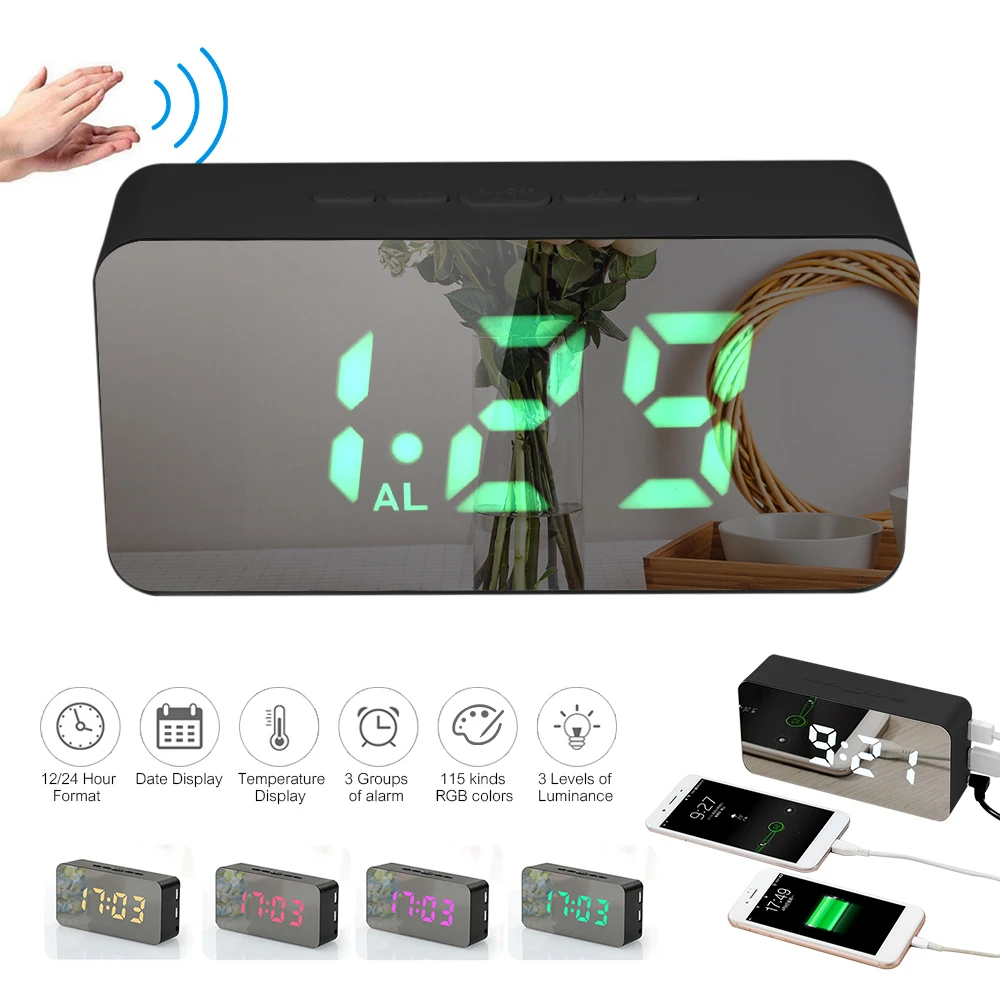 Цифровой светодиодный Будильник USB/питание от аккумулятора RGB настольный зеркальный термометр с регулируемой яркостью функция повтора