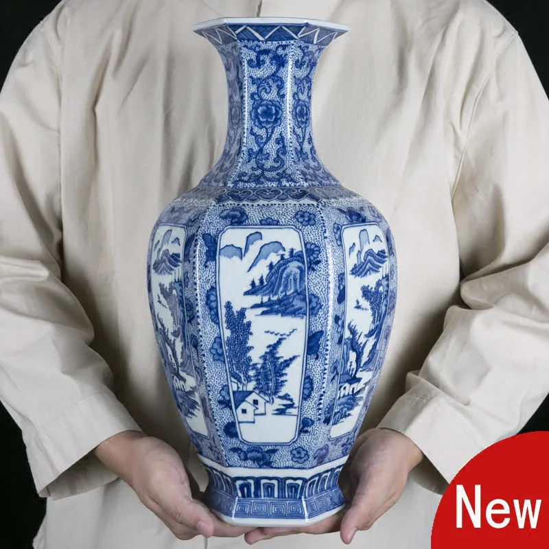 Старинная винтажная керамическая ваза для украшения дома, шестигранная синяя и белая фарфоровая Цветочная китайская ваза Ming