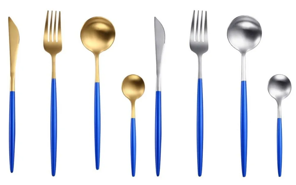 

Portugal design pointed tail cutlery set 304 stainless steel flatware sets Luxury blue handle tableware set