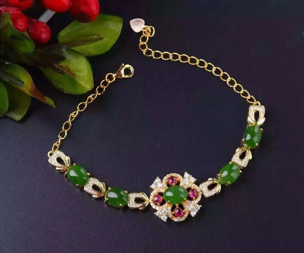 Bracelet en jaspe vert naturel Bracelet en pierres précieuses naturelles 925 bracelet en argent fle