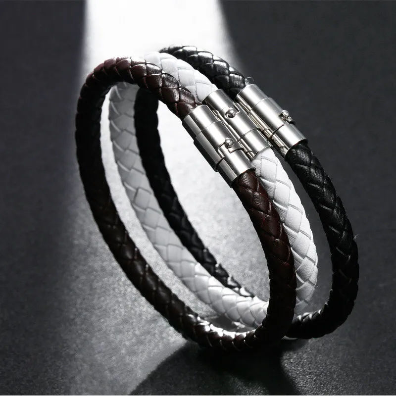 

2019 Punk Black White Braided Steel Wire Bracelet Male Magnetic Buckle Simple Fashion Wristband Men Stainless Steel Bracelet