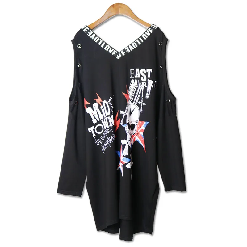

2018 Punk Rock Autumn new fashion Skull print off the shoulder long sleevee cotton Plus size T-shirt women clothing tops