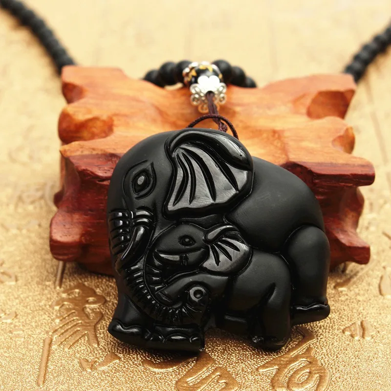 

KiWarm Chinese Handwork Natural Black Obsidian Carved Good Lucky Elephant Pendant Necklace Gemstone Fengshui Crafts Luck Gift