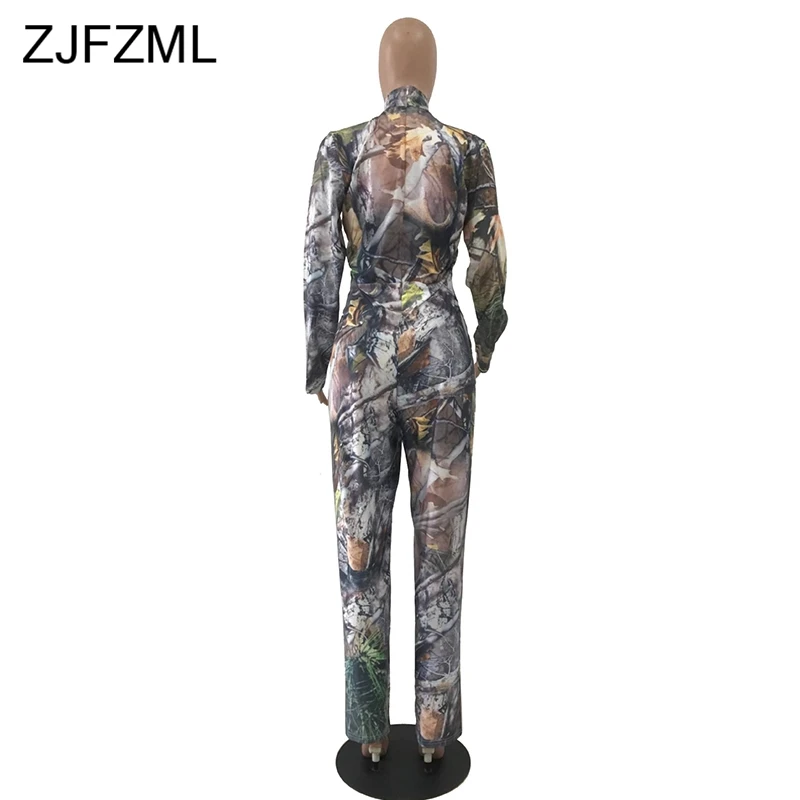 Colorful Print Sexy Jumpsuit For Women Long Sleeve High Necked Skinny Full Length Romper Casual Ladies Back Zipper Party Overall