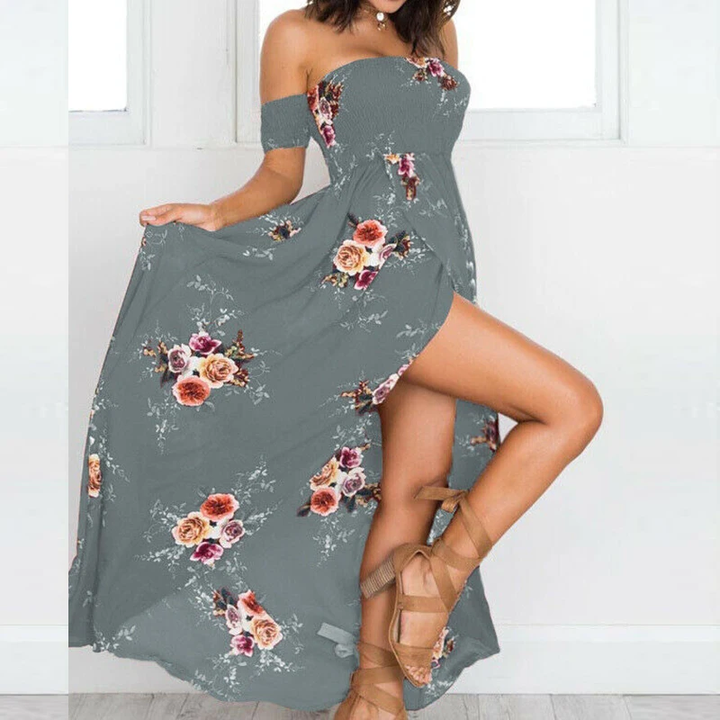 Floral Printed Long Dress Women Casual Sexy Split Maxi Dresses Summer Casual Boho Beach Sundress Lady Sexy Split Strapless Dress