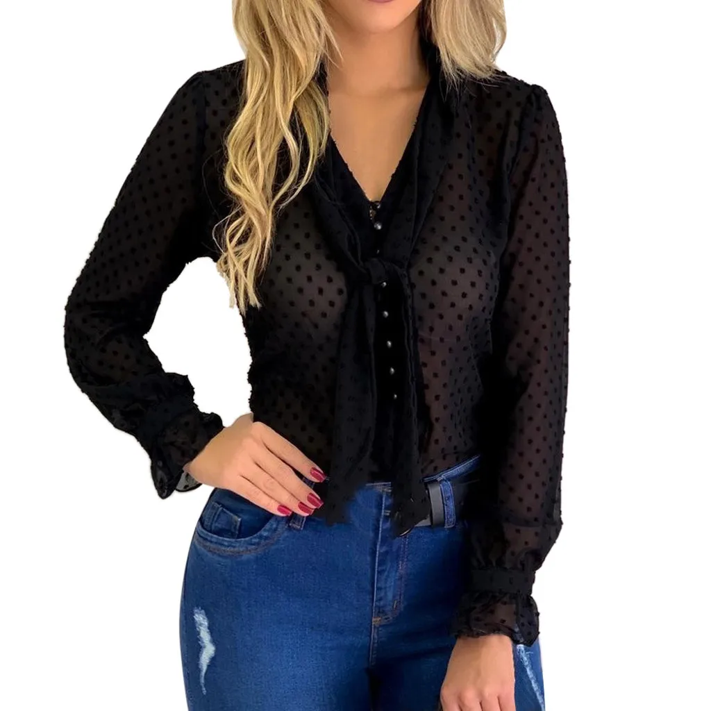 

Jaycosin clothes Women Long Sleeve Tops different color Sexy Chiffon Sheer Mesh Tieup Dot See Through Top Shirt