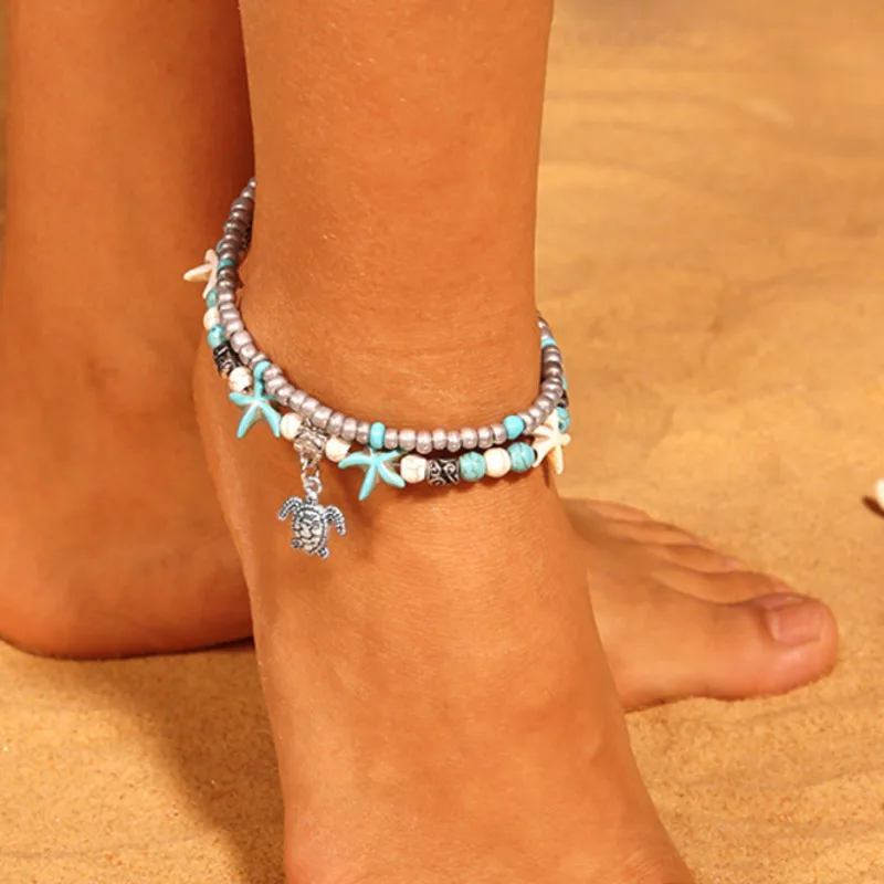 

Vintage Shell Beads Starfish Anklets For Women New Multi Layer Anklet Leg Bracelet Handmade Bohemian Jewelry Sandals Gift