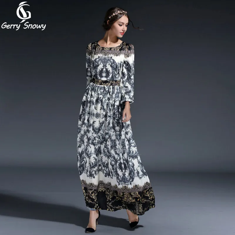 

vestidos 2018 Summer/Spring dress women elegant high waist lantern long sleeve vintage national print long dress one-piece dress
