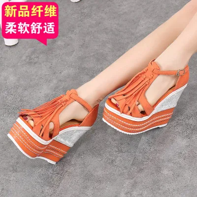 

Fringe slope with 2019 spring and summer new ultra high heel thick bottom small size 14CM nightclub sexy national wind female sa