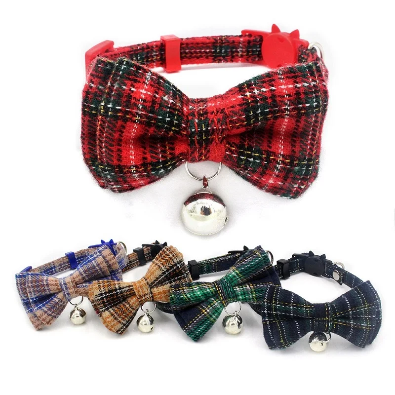 

Adjustable Cat Dog Collars Pet Collars With Bells Pet Supplies Product Scottish Cotton for Kitten Cats With Bow-Knot