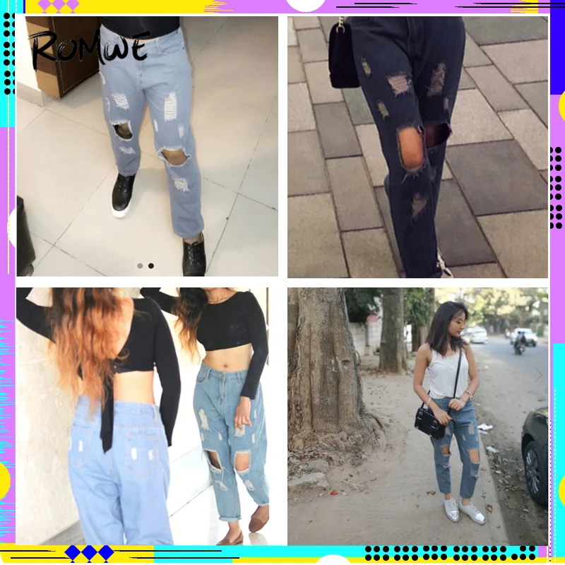 ROMWE Blue Ripped Distressed Boyfriend Ankle Denim Jeans Women Casual Summer Autumn Plain Straight Leg Pants Spring Trousers
