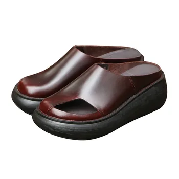 

510-3 New Summer Sandals Female New Leisure Comfortable Wedge Thick Soles Slippers Retro Leather Slipper Women Shoes