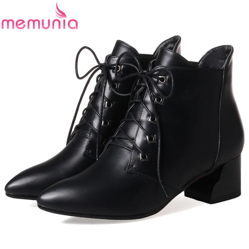 

MEMUNIA 2018 Hot sale ankle boots PU soft leather lace-up high heels shoes woman fashion boots spring autumn big size 34-43