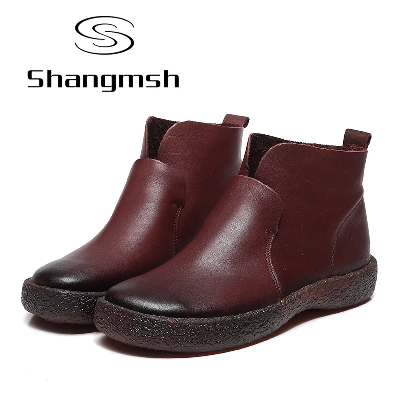 

Shangmsh Solid Black Women Boots Leather Winter Boots Handmade Woman Shoes Flats Casual Genuine Leather Ankle Boots For Women