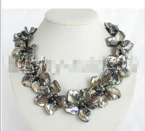 

handmade blue shell flower pearls leather Choker necklace e155 (A0502)