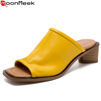

MoonMeek 2020 new summer sandals casual genuine leather shoes slingback thick high heels shoes solid colors women sandals