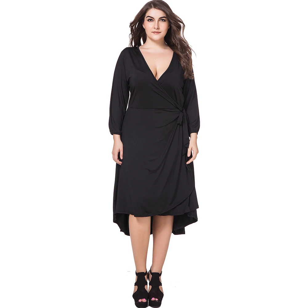 plus size dress women 2018 Spring black mid calf sahes bow casual Dress