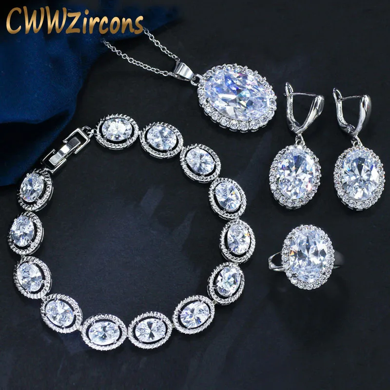 CWWZircons Высокое качество блестящий овальный CZ циркония камни Мода кулон серьги кольцо браслет Африканский набор украшений для женщин T036 - Окраска металла: 4 pcs set