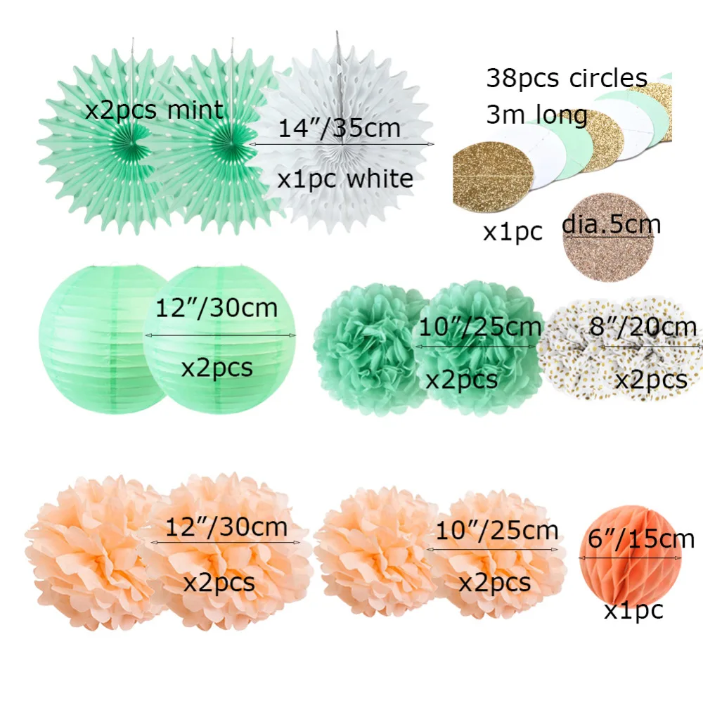 Персиковый, мятно-зеленый бумажный Набор для украшения веера из папиросной бумаги в горошек, помпоны, круглые гирлянды для свадьбы, дня рождения