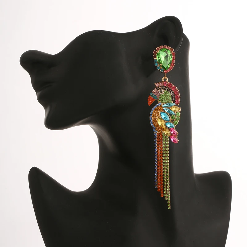 luxury Birds big earrings women earrings statement long tassel fashion colorful rhinestone chandelier earings jewelry