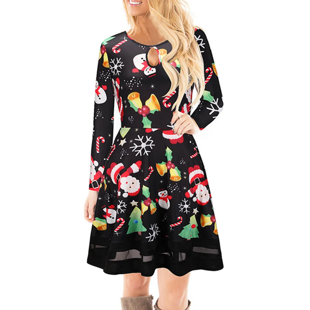 Women Christmas Printed Lace Dress Ladies Long Sleeve Mini Dress Female