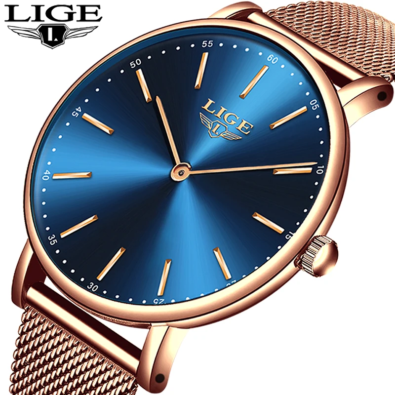 LIGE Super font b Slim b font Rose Gold Mesh Stainless Steel Watches Women Top Brand