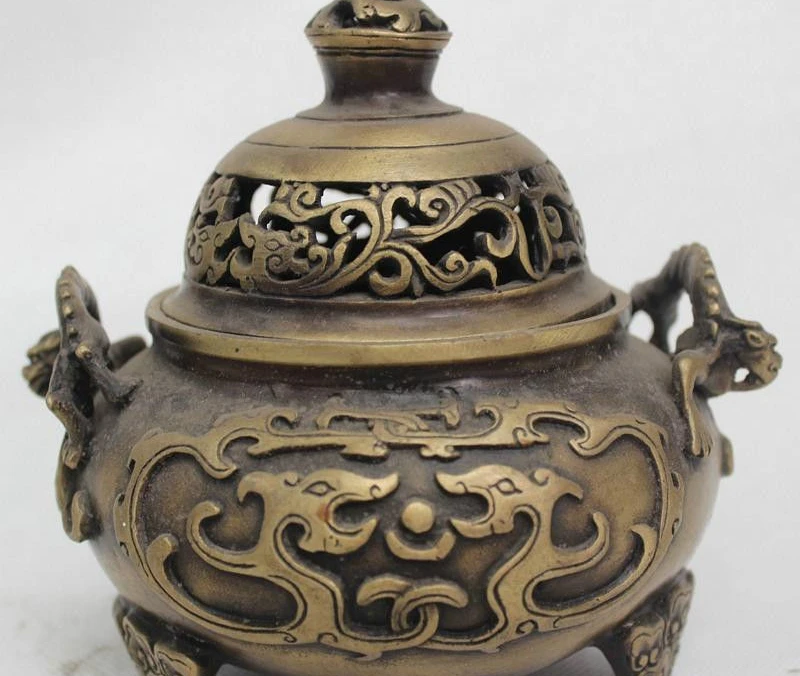 

6" Chinese China Bronze Foo Dog Dragon beast Statue Incense Burner Censer