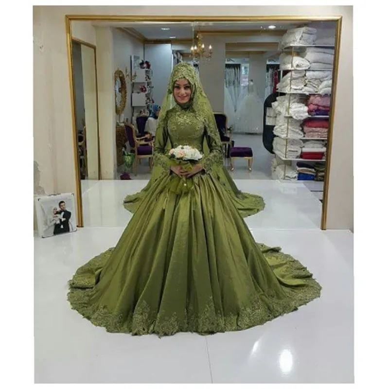 Robe De Mariage 2020 зеленый мусульманское свадебное платье с длинным рукавом Саудовская