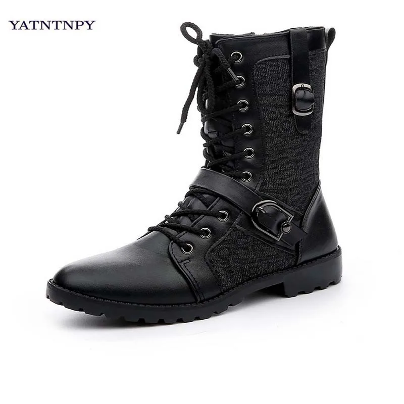 

YATNTNPY New Arrival Men Shoes Fashion Rivet High Boots Black British for Martin leather boots Man bota winter army boots fashio