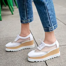 PXELENA/туфли из натуральной кожи туфли-оксфорды Для женщин на шнуровке с перфорацией; обувь на толстой платформе на плоской подошве; туфли с перфорацией, британские ретро сетки комфорт Повседневное