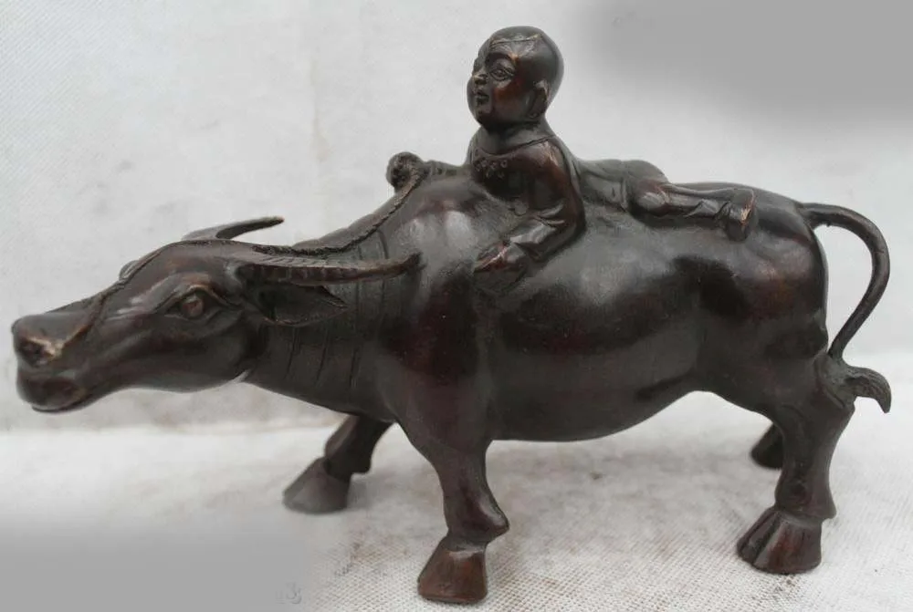 

6"Lovely Chinese China Bronze Cowboy Vaquero Children Kids Ride Bull Ox Statue