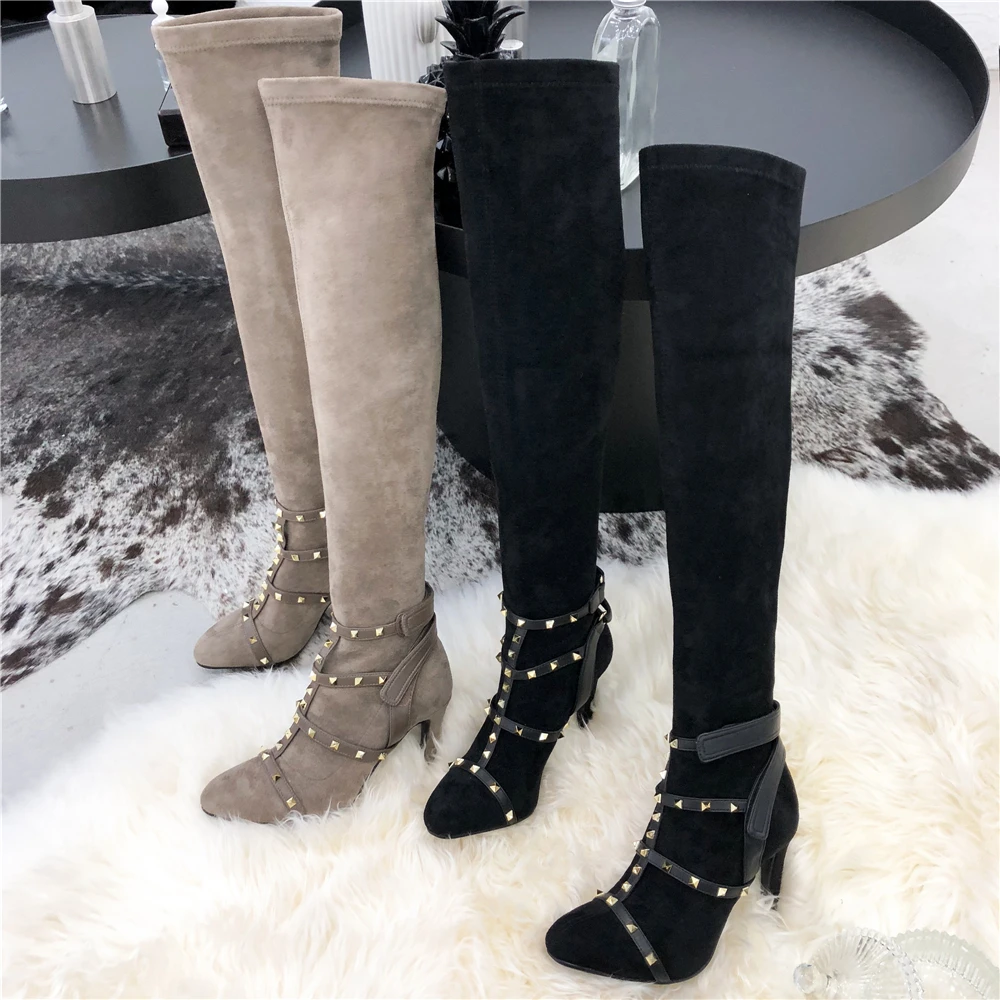 Mujeres Stylesowner Tan Moda Botas Mujer Rodilla Remaches Marca Para De Correa Largas Por Diseño Highheel Encima Rebaño light Spike Negro Femenina Elástico La BT6rqBvw
