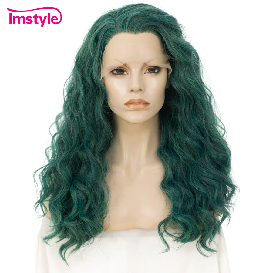 

Imstyle Green Wig Synthetic Hair Lace Front Wig Deep Wave Wigs For Women High Temperature Fiber Glueless Cosplay Part Wig