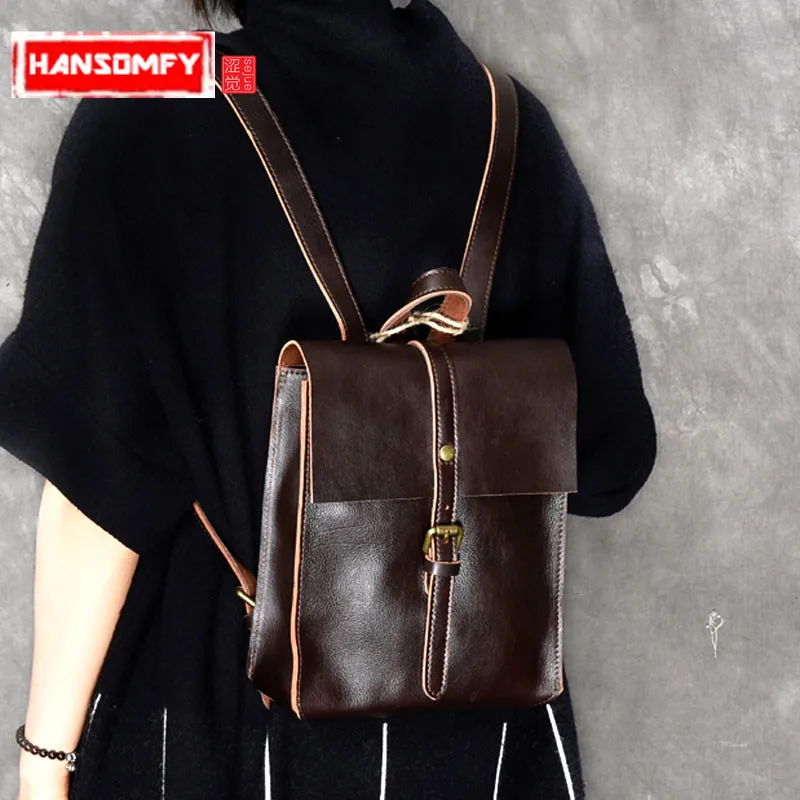 

New Women Backpacks literary style Genuine leather female models mini shoulder bag casual retro handmade school leather backpack