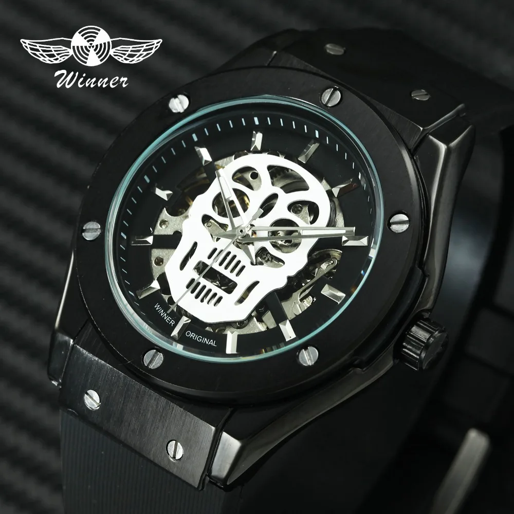 

WINNER 2019 Steampunk Sports Auto Mechanical Watch Men Top Brand Luxury Skull Skeleton Rubber Strap Hip Hop Wristwatch