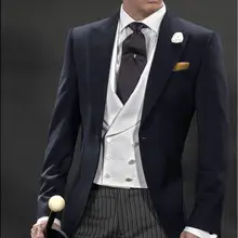 Темно-синие смокинги для жениха на одной пуговице, брюки с полосками, двубортные мужские костюмы для свадебной вечеринки, пиджак+ брюки+ галстук+ жилет