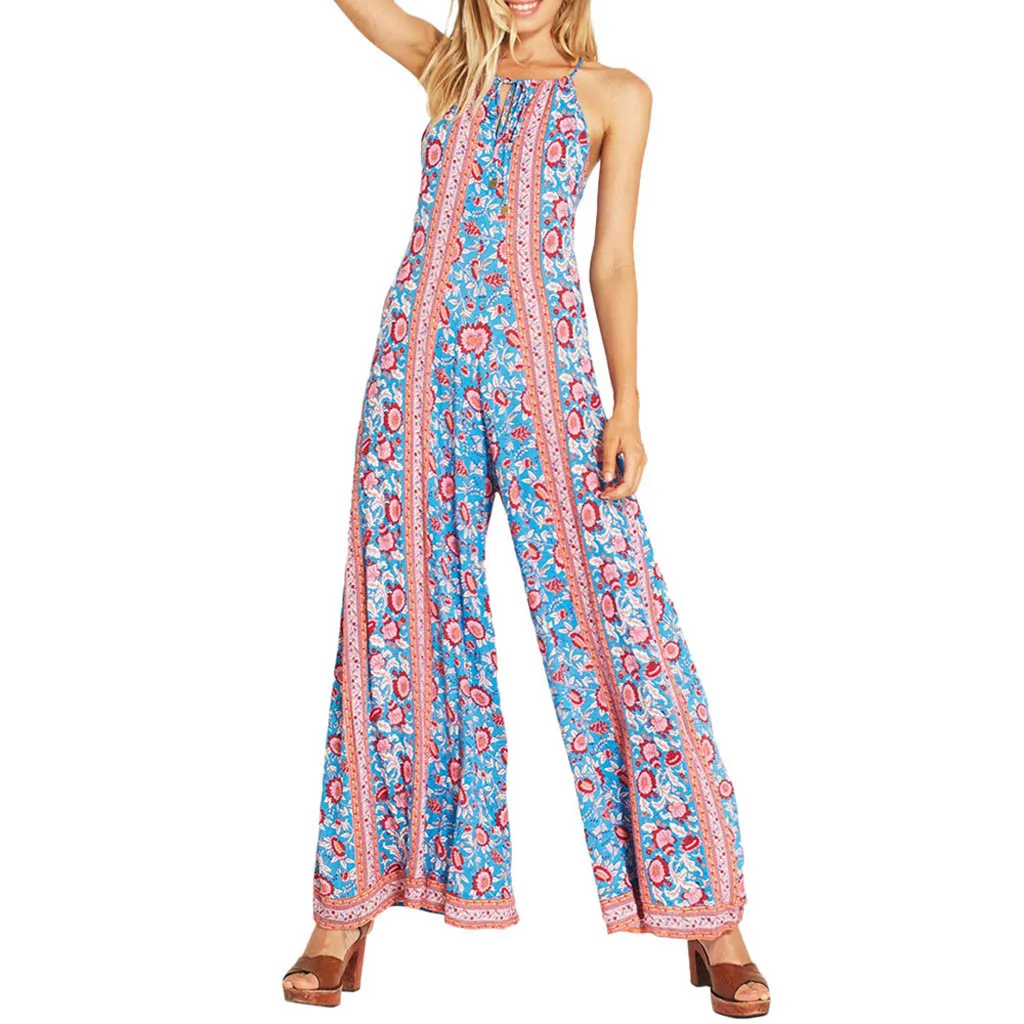 Jumpsuit Vintage floral print boho jumpsuit plus size Wide leg backless