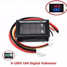 Цифровой вольтметр Амперметр постоянного тока 0-100 в 10 А, двойной дисплей, детектор напряжения, панель измерителя тока, ампер, вольтметр 0,2", красный, синий светодиодный