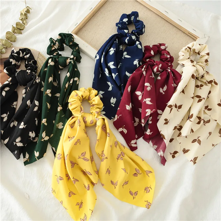 

Leaf Bow Print Ribbon Hair Scrunchie Women Boho Style Turban Hair Rope Elastic Hairband Girls Hair Accessories Headband Ties
