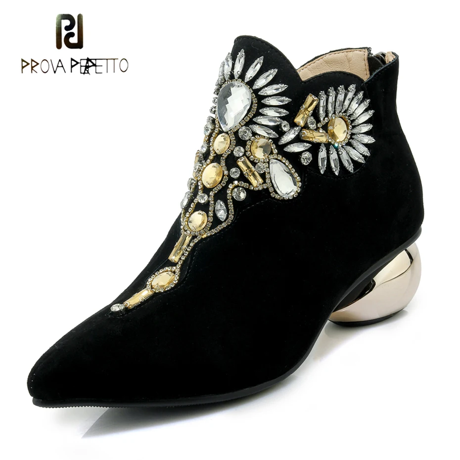 

Prova Perfetto luxury rhinestone ankle boots women pointed toe strange mid heel fashion boots crystal suede martin boots mujer