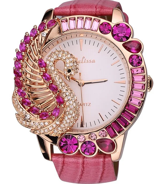 Роскошные Красочные Стразы Swan часы кварцевые Vogue для девочек преувеличенные 3D Anamal часы из натуральной кожи Relogio Feminino F11402 - Цвет: Розовый