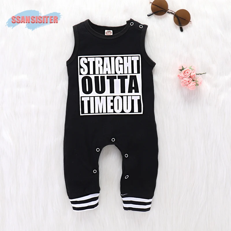 Baby Boys Rompers Letter Printed Infant Cotton Clothes Sleeveless Baby Boys Jumpsuits Summer Toddler Boys Black Rompers