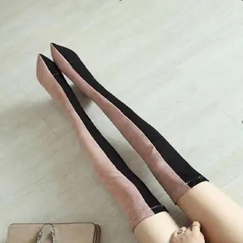 

Fashion 2019 Women Thigh High Boots Pink Black Mixed Winter Botines Mujer Sexy Over The Knee Boots Ladies Long Boots for Women