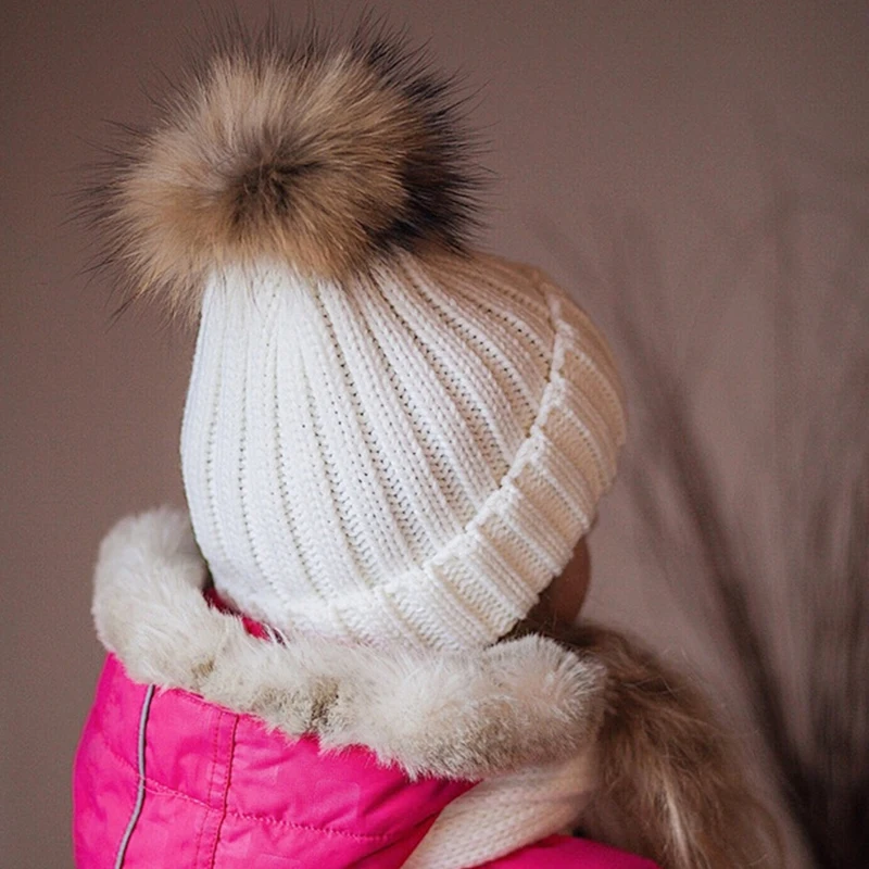 Осенние и зимние детские вязаные хлопковые шапки, шарф, теплые шапочки из натурального меха енота с помпоном для мальчиков и девочек, универсальные крышки Skullies