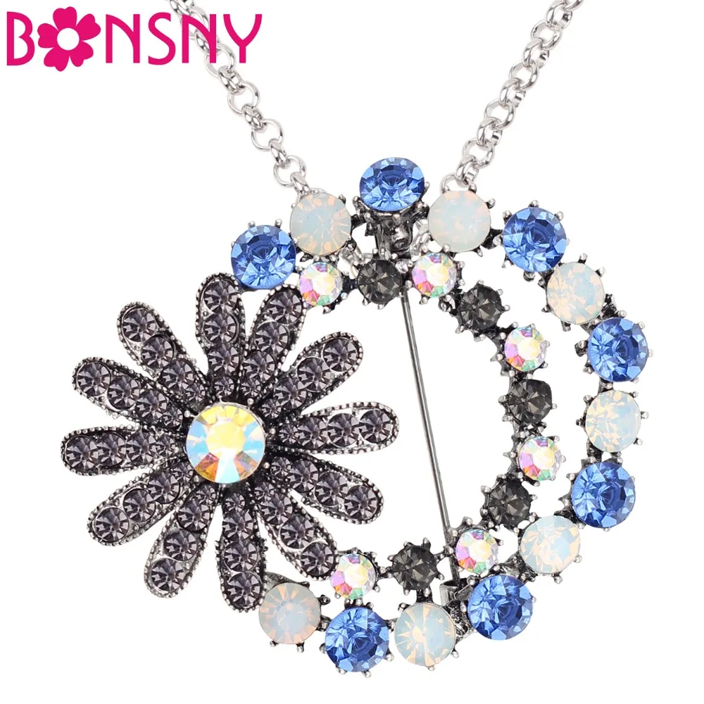Bonsny Alloy Rhinestone Shiny Flower Necklace Pendant Choker Novelty