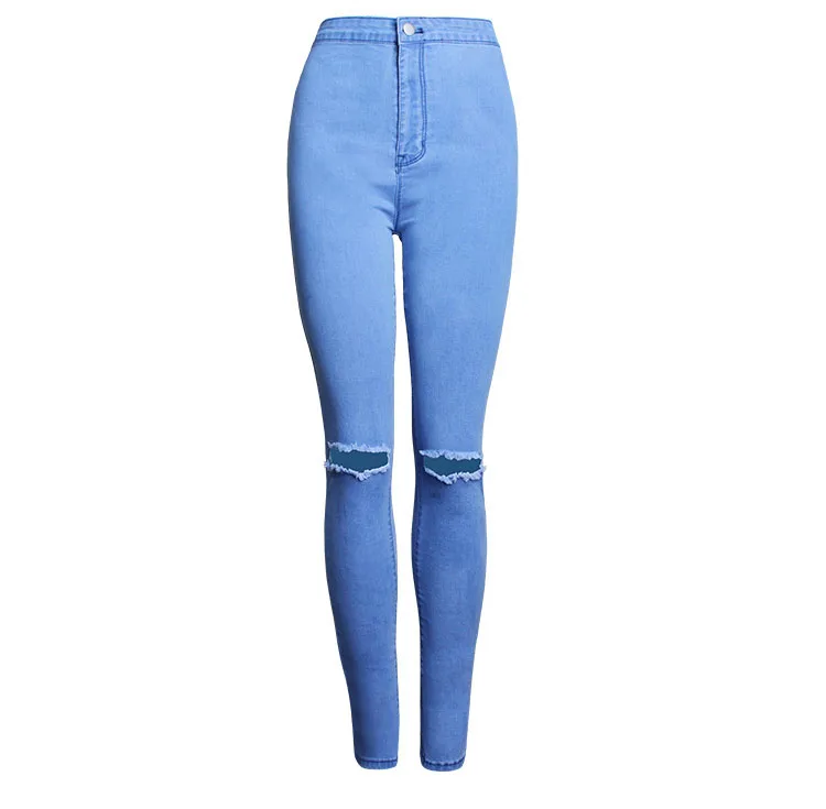 2017 Europe and the United States high waist stretch Slim thin pencil pants pure color hole feet women`s jeans women (8)