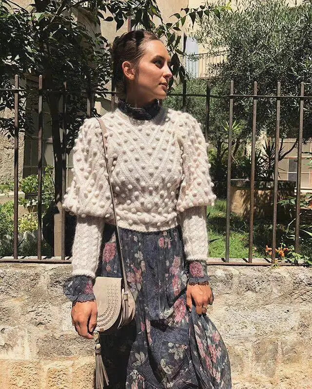 

2018FW Woman Fashion WOOL Blend Cropped Sweaters with Balls Round Neck Long Puff Sleeved Ribbons Cuffs