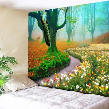 

Foggy Forest Tapestry 3D Tree Colored Flower Peacock Decor Hippie Tapestry Bohemian Tapestries Wall Hanging Blanket Wall Carpets