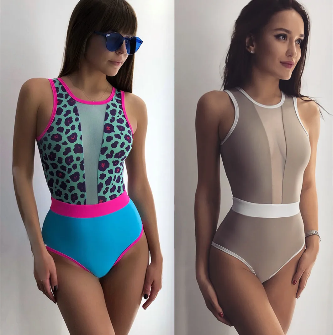 

Leopard Print One Piece Swimsuit Sexy Mesh Swimwear Women New Patchwork Bathing Suit Women Backless Beach Wear 2019
